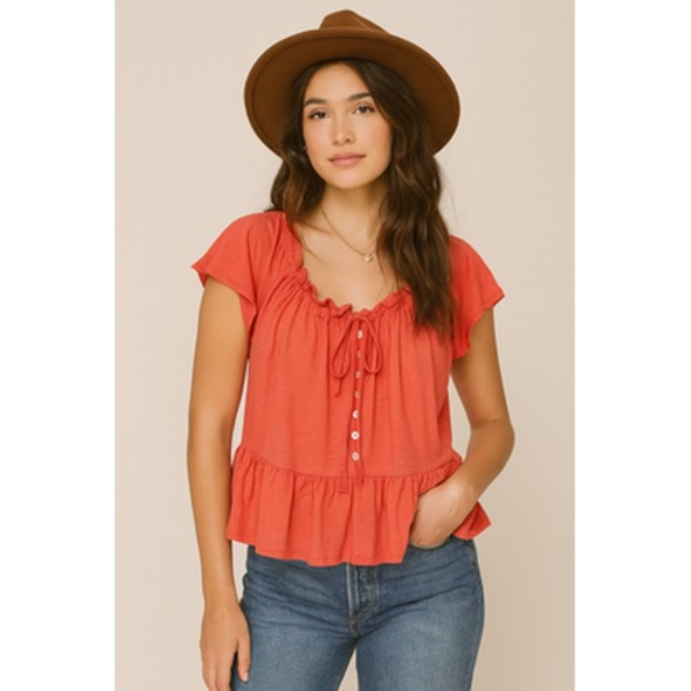 Free People Blouse Womens Small Red Ruffle Peplum Boho Button Front Top Shirt‎